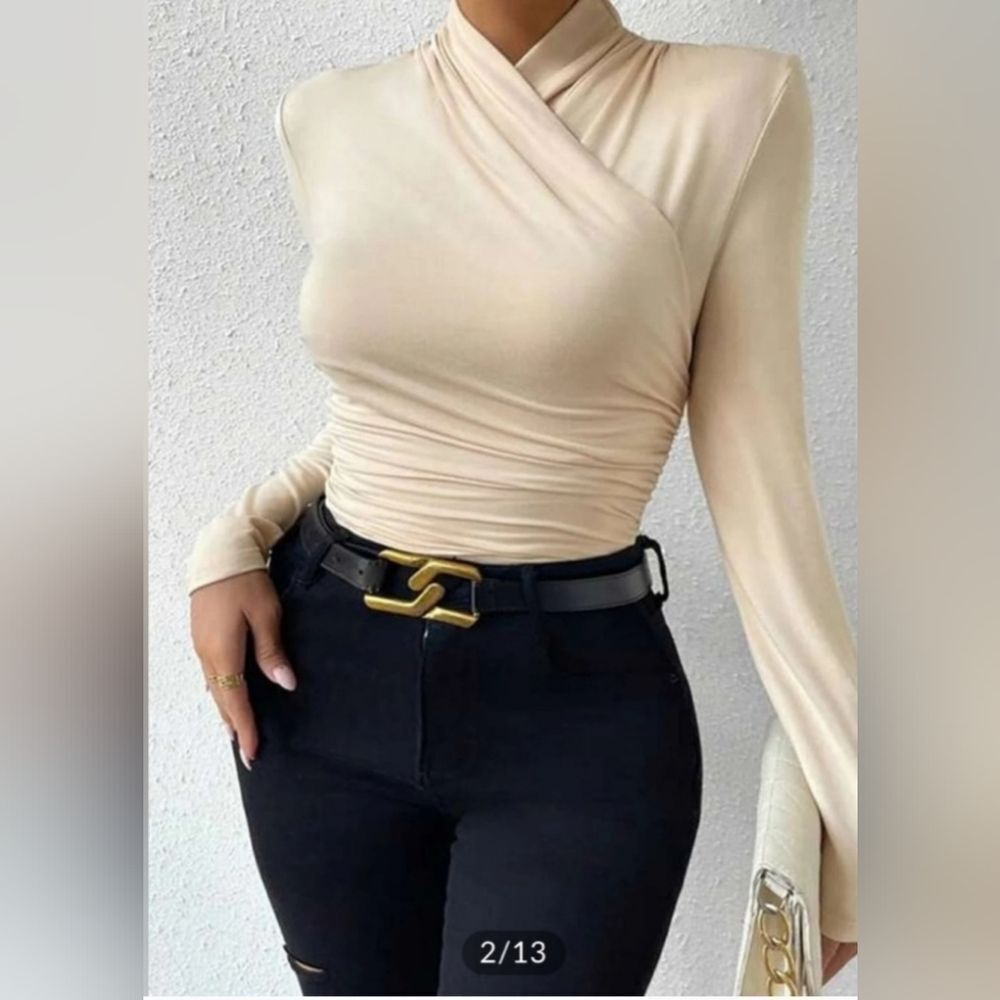 Cross-Over Collar Pleated Cinched T-Shirt Commense XS NWT CM6 - Picture 3 of 6